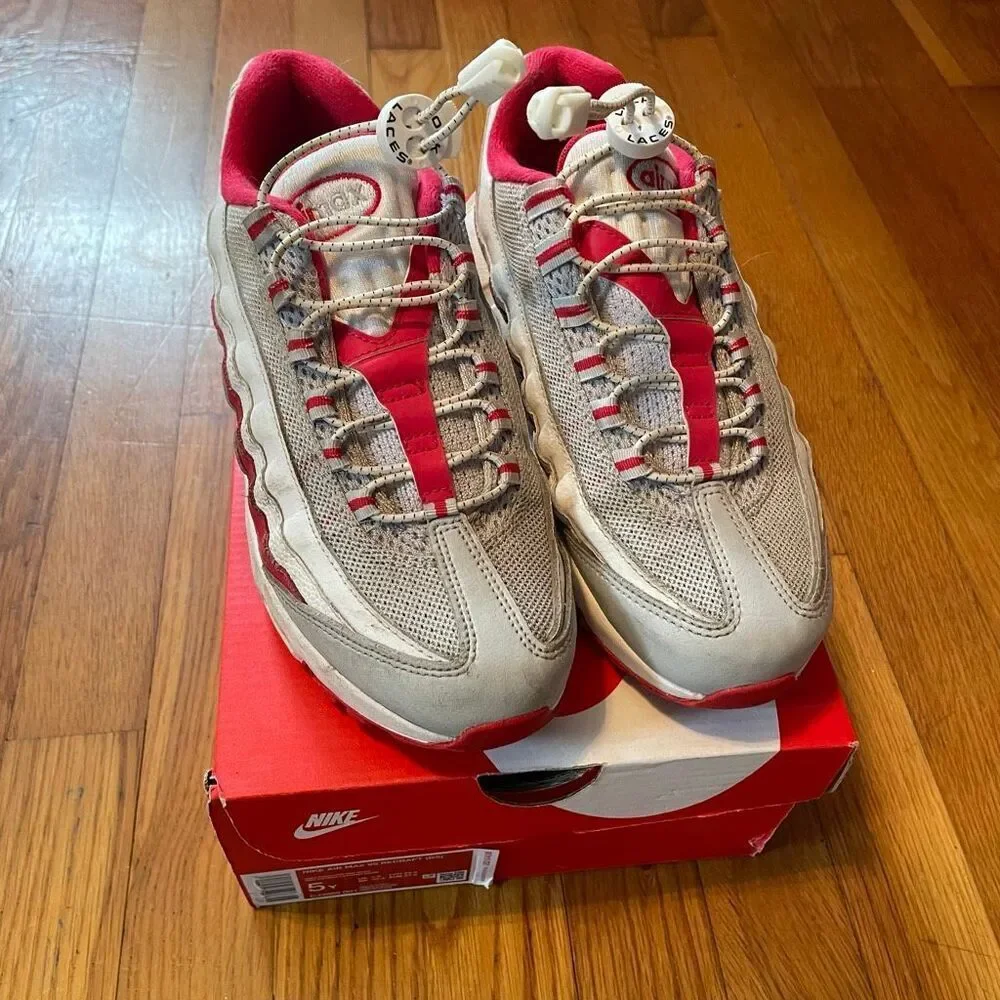 NIKE | air max 95 recraft (gs) grey fog/hyper red-white size 5 youth $140